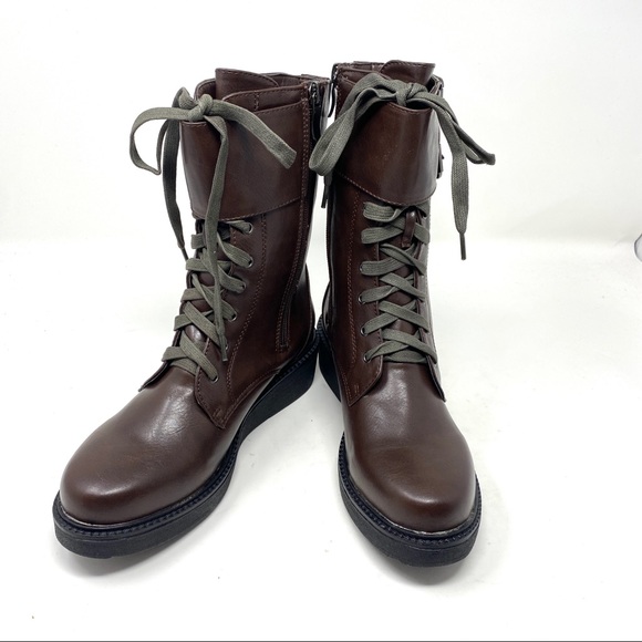 New in Box Brown Platform Vegan Leather Mid Shaft Buckle Zip Up Moto Boots - Picture 2 of 8